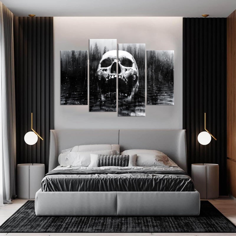 iHAPPYWALL Halloween Day of Dead Skull in Dark Foggy Lake Abstract Black and White Contemporary Picture Print 4 Panel Large Canavs for Modern Home Decoration Ready to Hang - Image 3